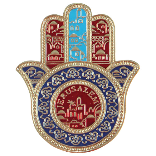 מגנט חמסה מתכת צבעוני "ירושלים" עברית 5 ס"מ