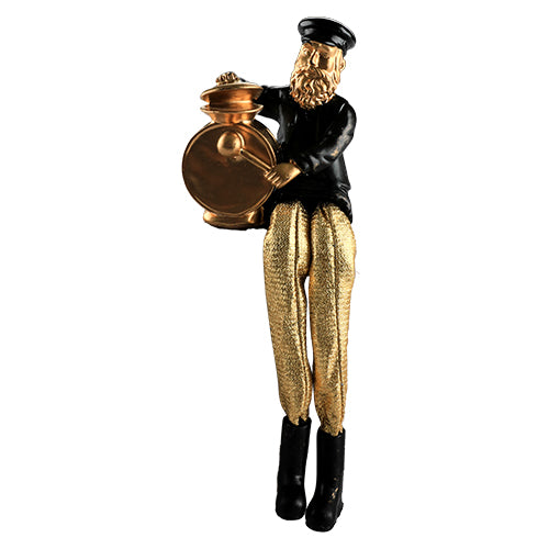 חסיד יושב מפוליריזין - שחור עם רגלי בד זהב מנגן בתופים 18 ס"מ