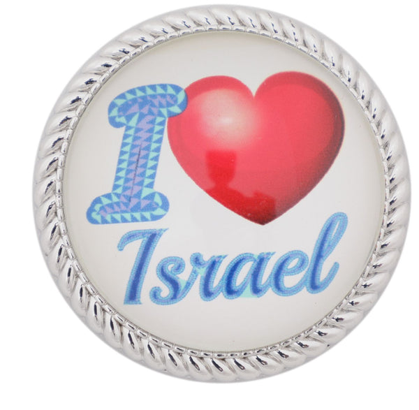 מגנט מתכת עם זכוכית 4 ס"מ "I love israel" באנגלית בגווני כחול ואדום