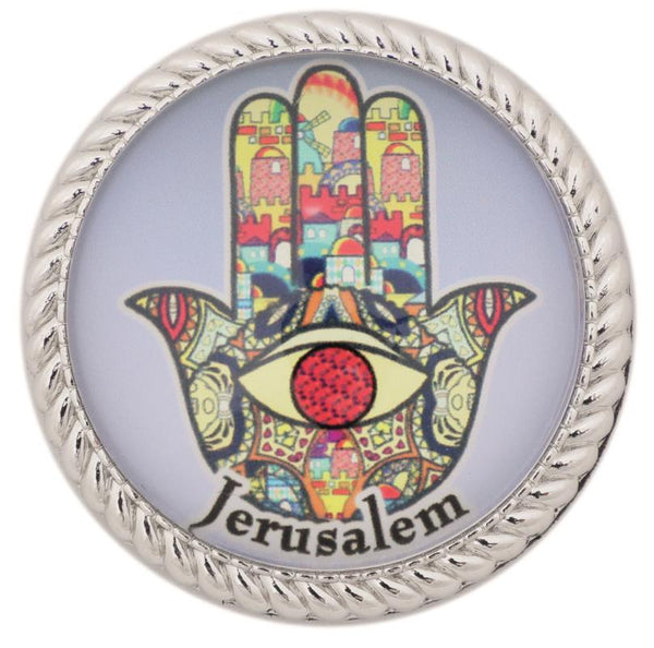 מגנט מתכת עם זכוכית 4 ס"מ "ירושלים" אנגלית בגוונים צבעוניים