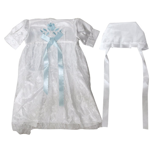 שמלה לבנה מהודרת לברית עם רקמה וסרטים בצבע כחול +