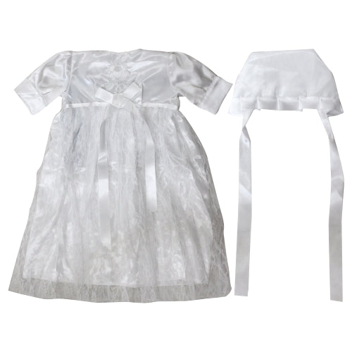 שמלה לבנה מהודרת לברית מסטן עם רקמה וסרטים בצבע