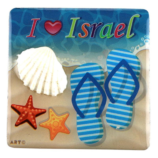 מגנט אפוקסי עם צדף I LOVE ISRAEL גודל 6x6 ס"מ