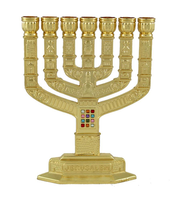 מנורה ציפוי זהב "ירושלים" עם אבני החושן 12 ס"מ