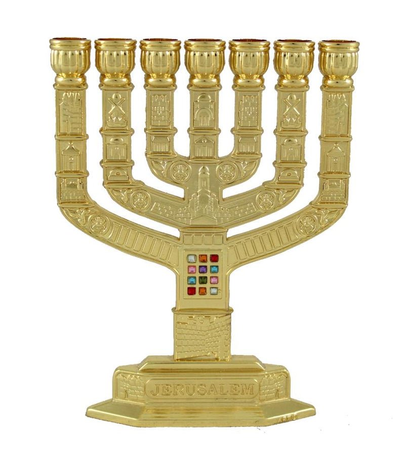 מנורה ציפוי זהב "ירושלים" עם אבני החושן 12 ס"מ