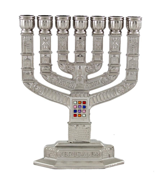 מנורה ציפוי ניקל "ירושלים" עם אבני החושן 12 ס"מ